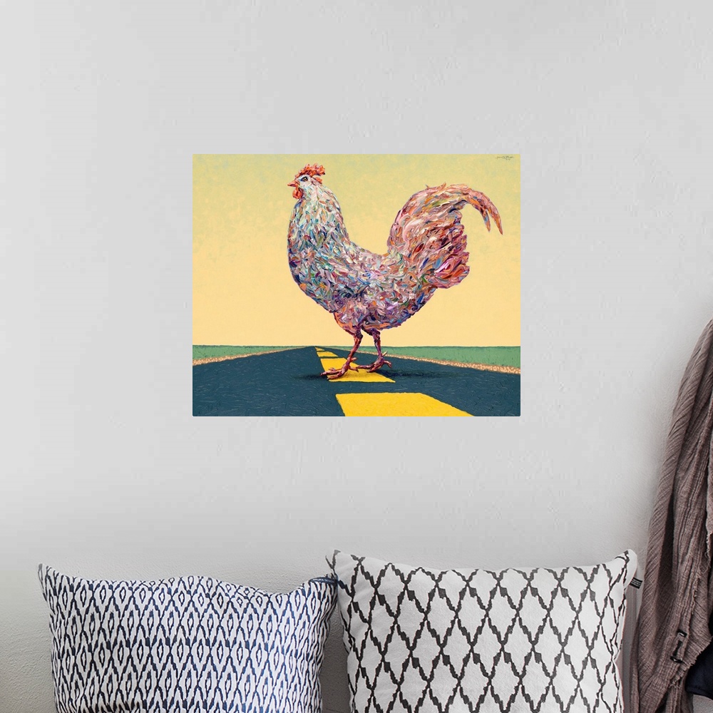 A bohemian room featuring Artwork of a chicken walking across street.