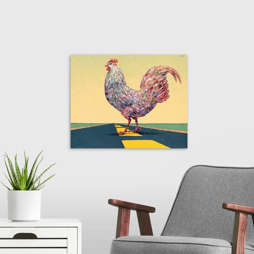 A modern room featuring Artwork of a chicken walking across street.