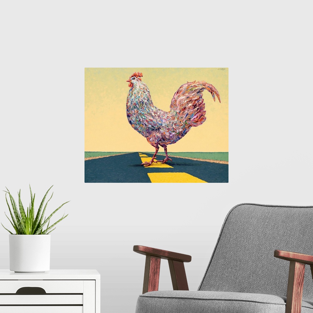 A modern room featuring Artwork of a chicken walking across street.