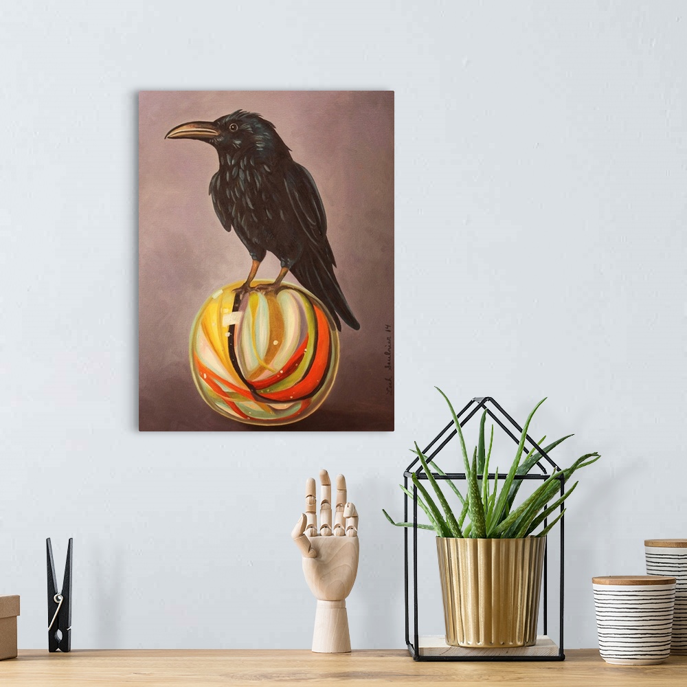 A bohemian room featuring Surrealist painting of a raven sitting atop a glass marble.