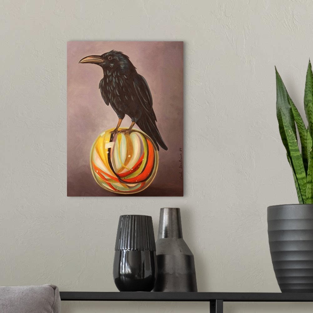 A modern room featuring Surrealist painting of a raven sitting atop a glass marble.