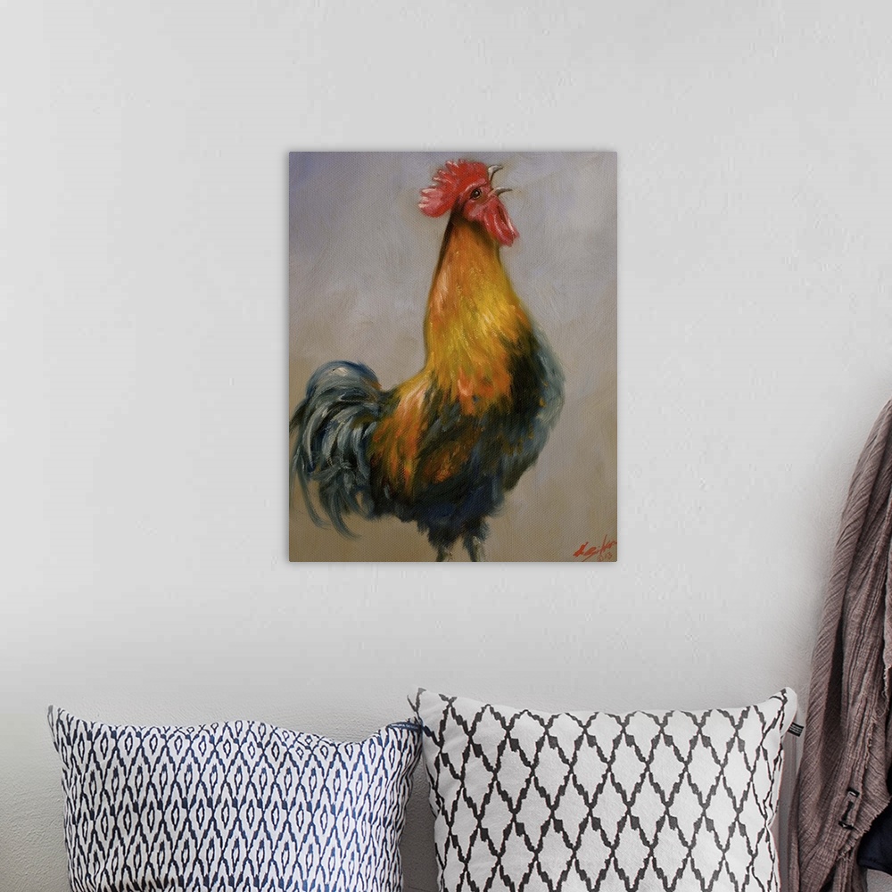 A bohemian room featuring Contemporary painting of a colorful rooster crowing.