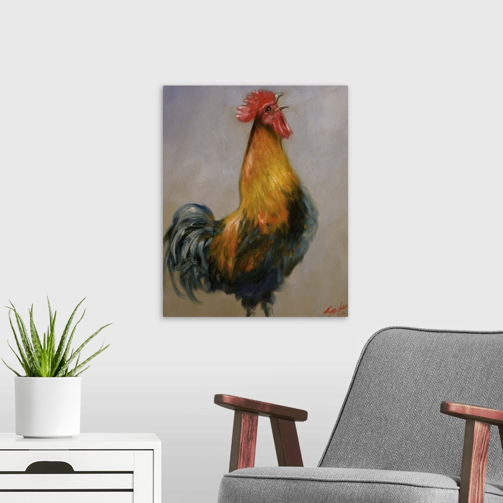 A modern room featuring Contemporary painting of a colorful rooster crowing.