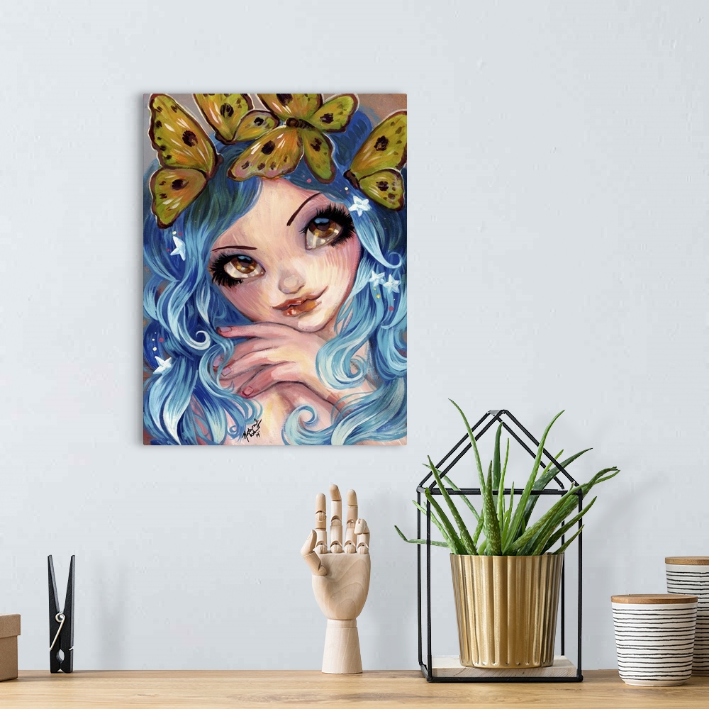 A bohemian room featuring Fantasy painting of a woman with flowing blue hair and butterflies.