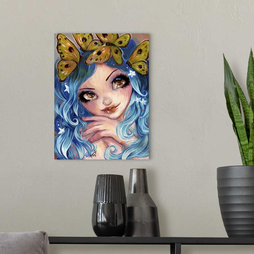 A modern room featuring Fantasy painting of a woman with flowing blue hair and butterflies.
