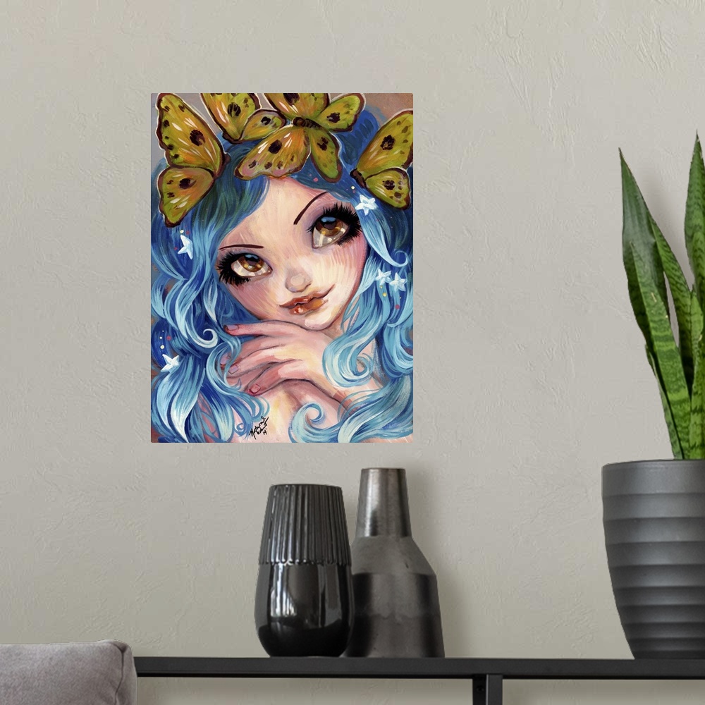 A modern room featuring Fantasy painting of a woman with flowing blue hair and butterflies.