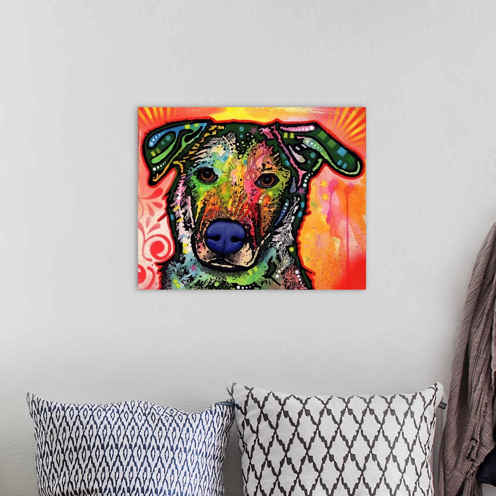 A bohemian room featuring Pop art style painting of a colorful dog with abstract markings on a warm red, pink, yellow, and ...