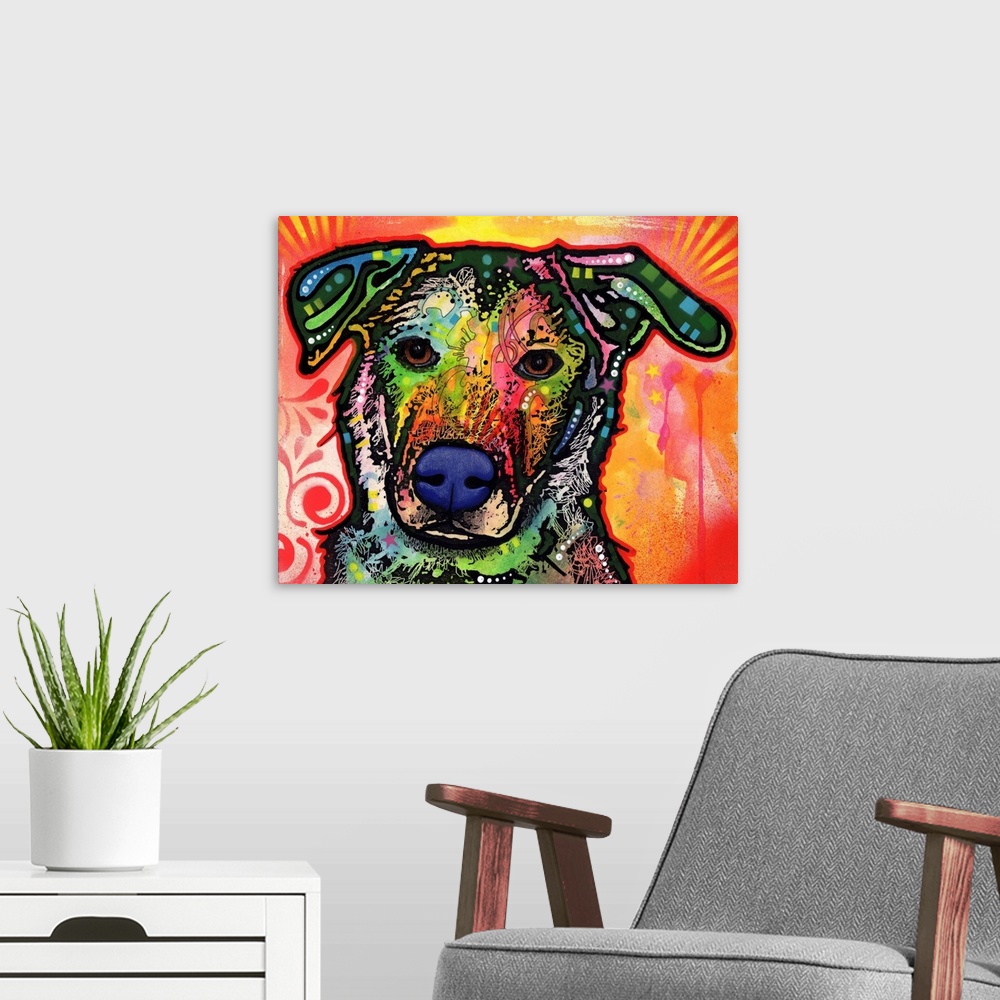 A modern room featuring Pop art style painting of a colorful dog with abstract markings on a warm red, pink, yellow, and ...