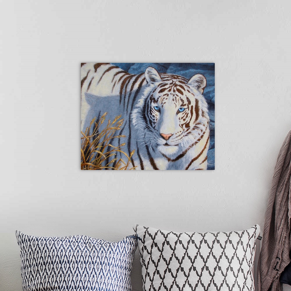 A bohemian room featuring White Tiger blue eye of the tiger