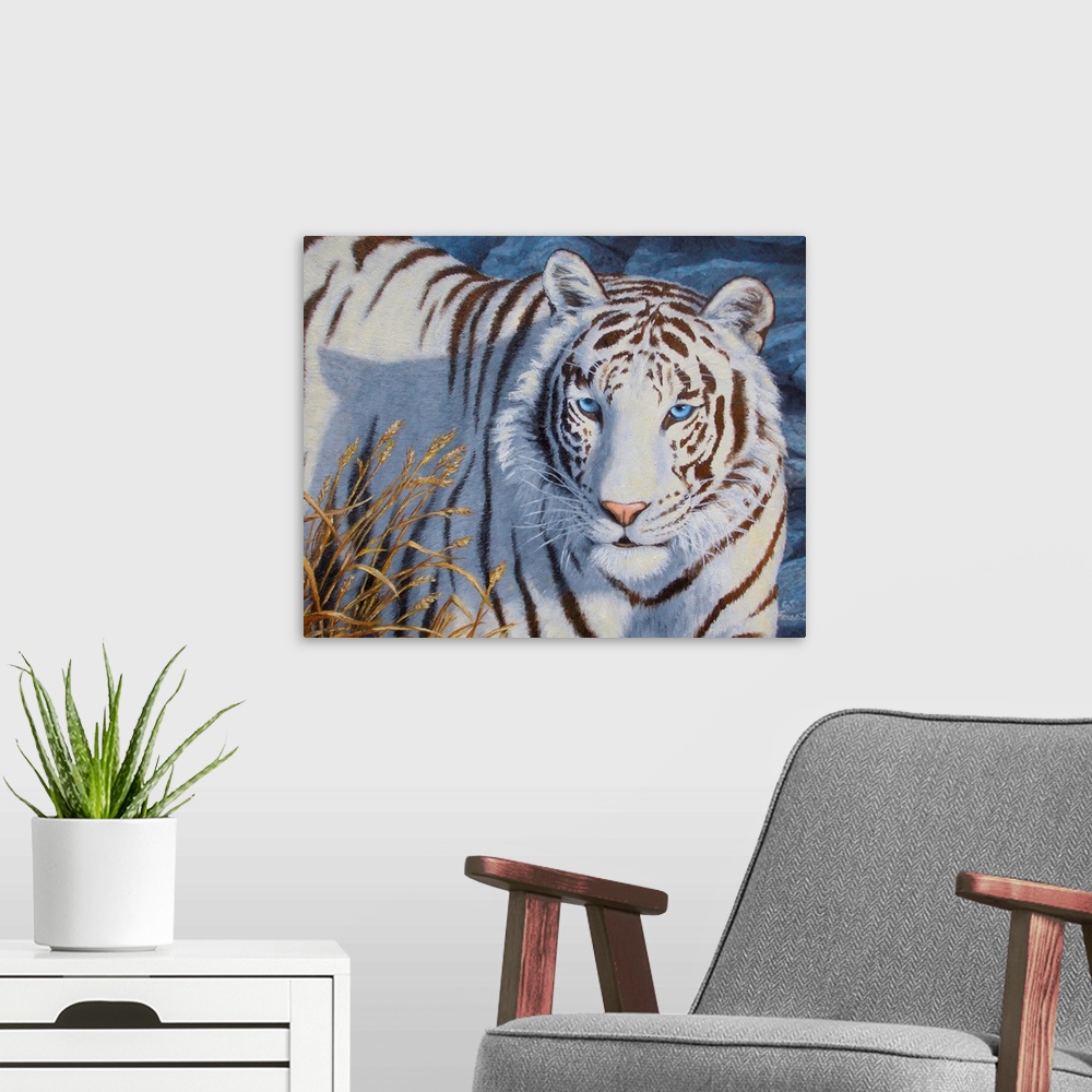 A modern room featuring White Tiger blue eye of the tiger