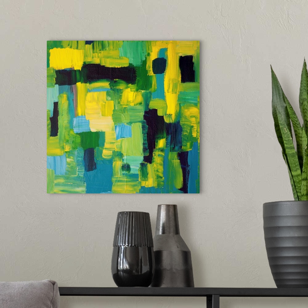 A modern room featuring Contemporary abstract painting in yellow and blues.