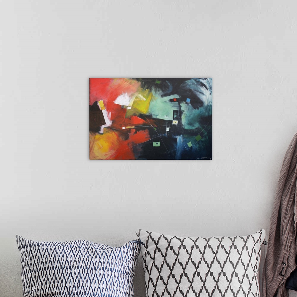A bohemian room featuring Abstract painting with bold colors and contrasting lights and darks.