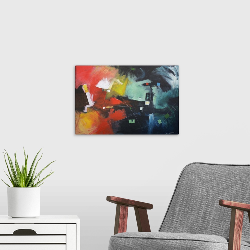 A modern room featuring Abstract painting with bold colors and contrasting lights and darks.