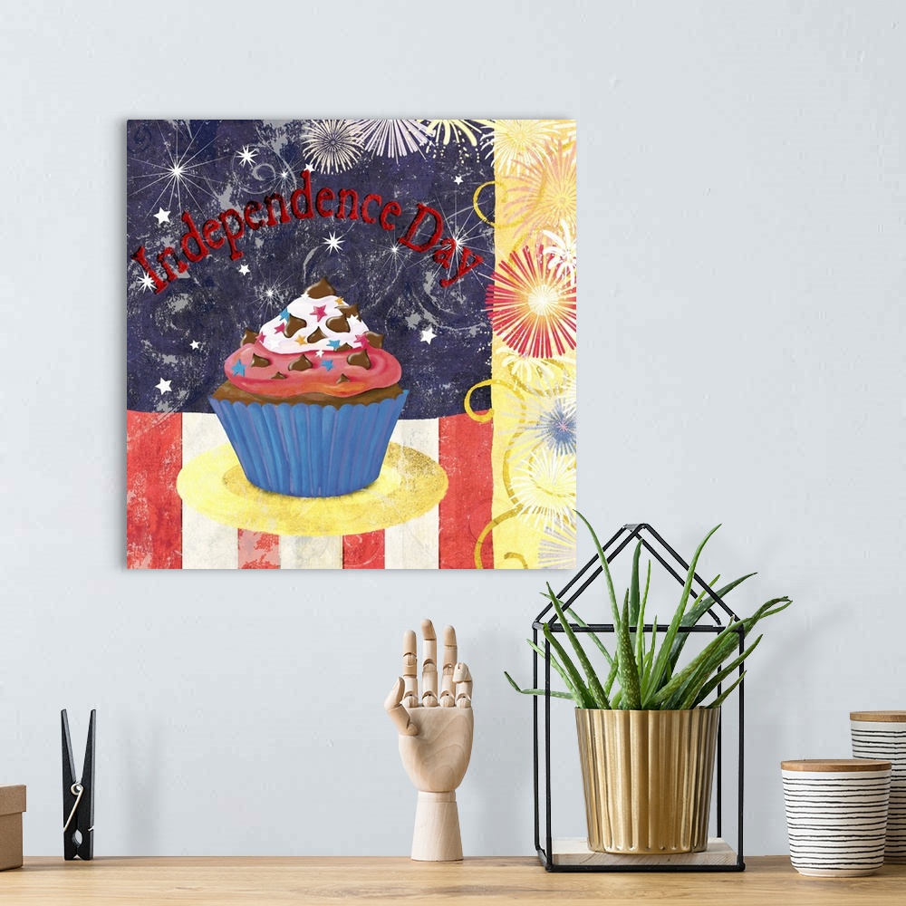 A bohemian room featuring Image of a patriotic cupcake on the Fourth of July.