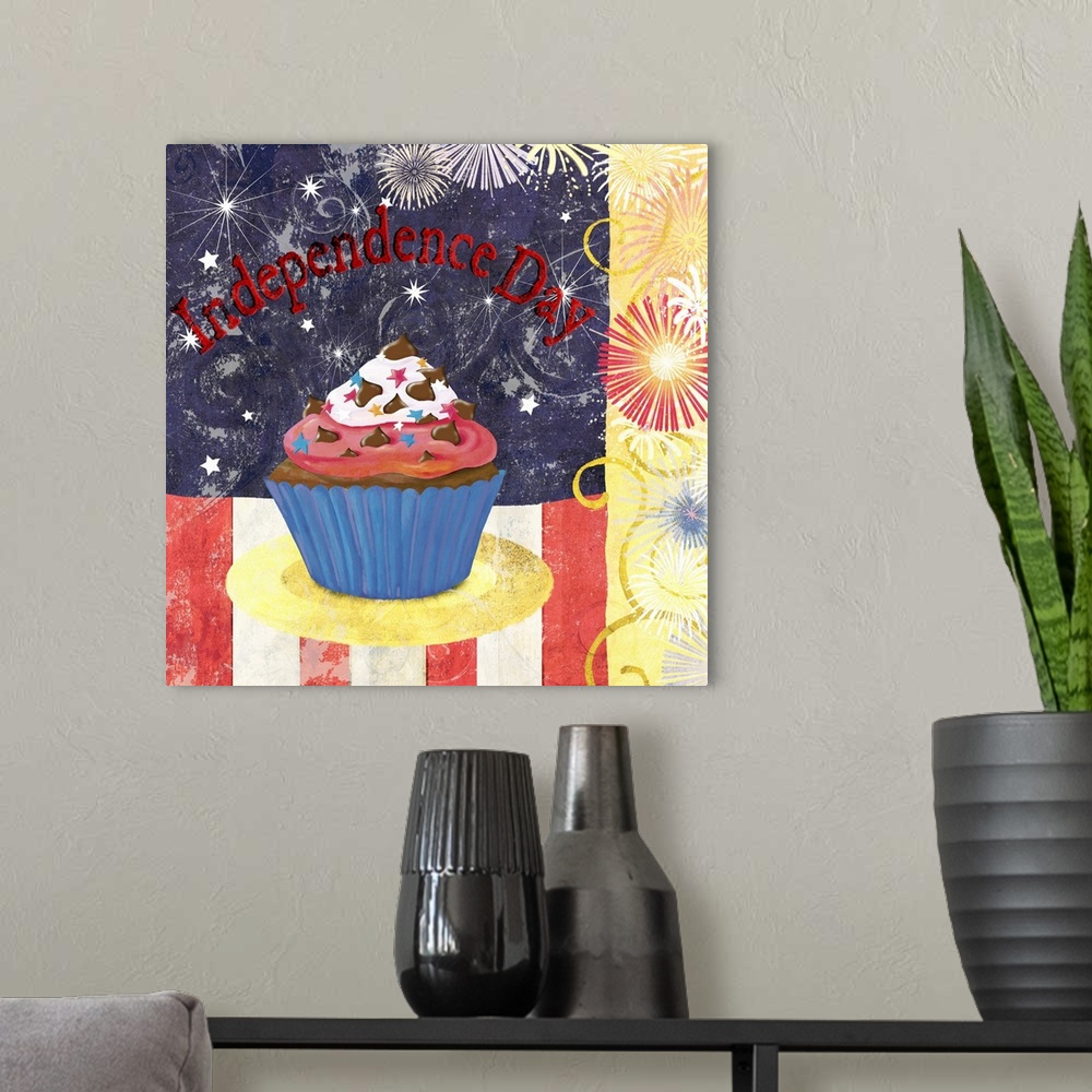 A modern room featuring Image of a patriotic cupcake on the Fourth of July.