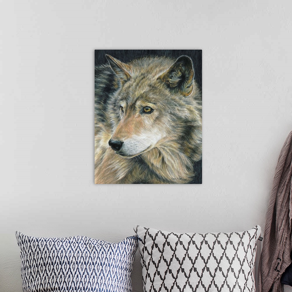 A bohemian room featuring Contemporary artwork of a wolf close-up on its face.