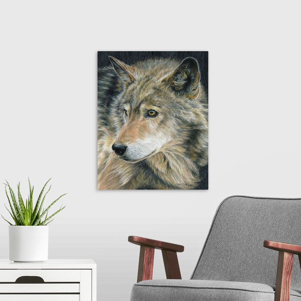 A modern room featuring Contemporary artwork of a wolf close-up on its face.