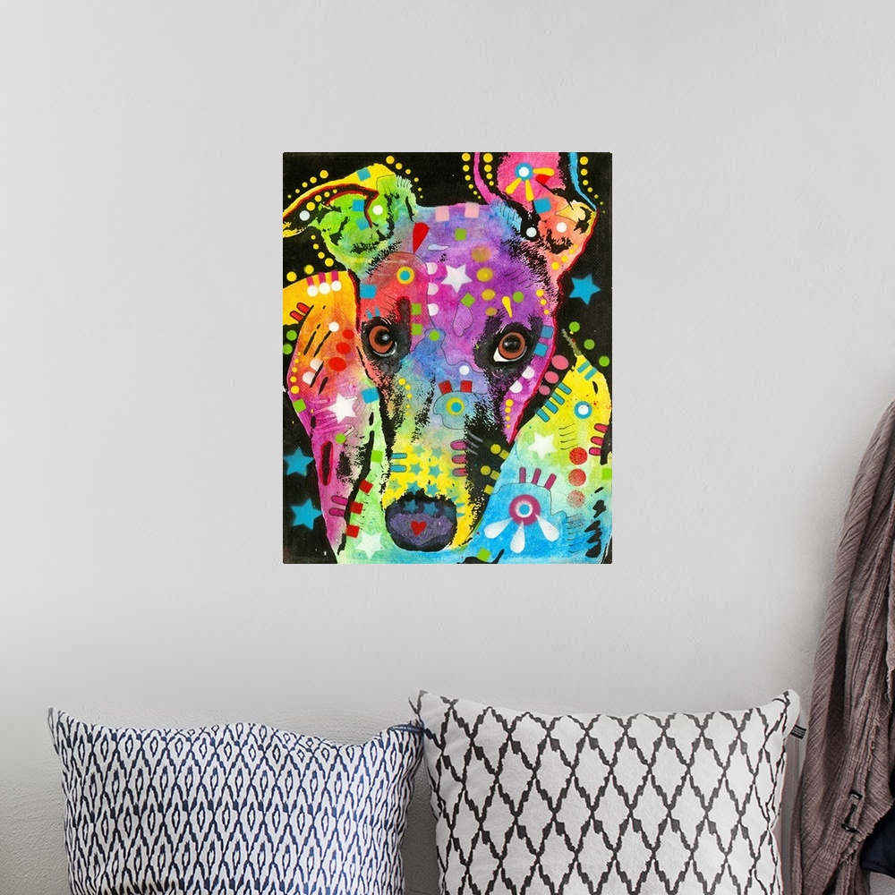 A bohemian room featuring Colorful painting of a Greyhound with geometric abstract markings on a black background with star...