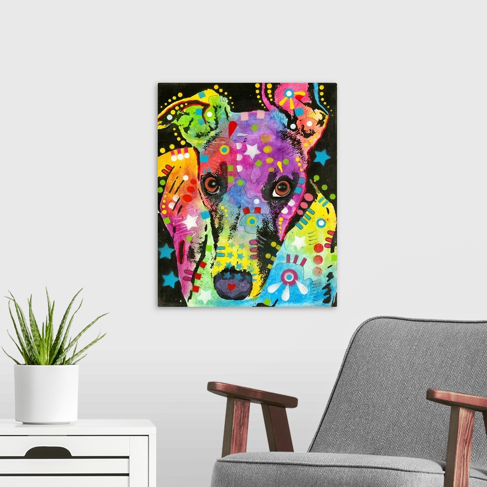 A modern room featuring Colorful painting of a Greyhound with geometric abstract markings on a black background with star...