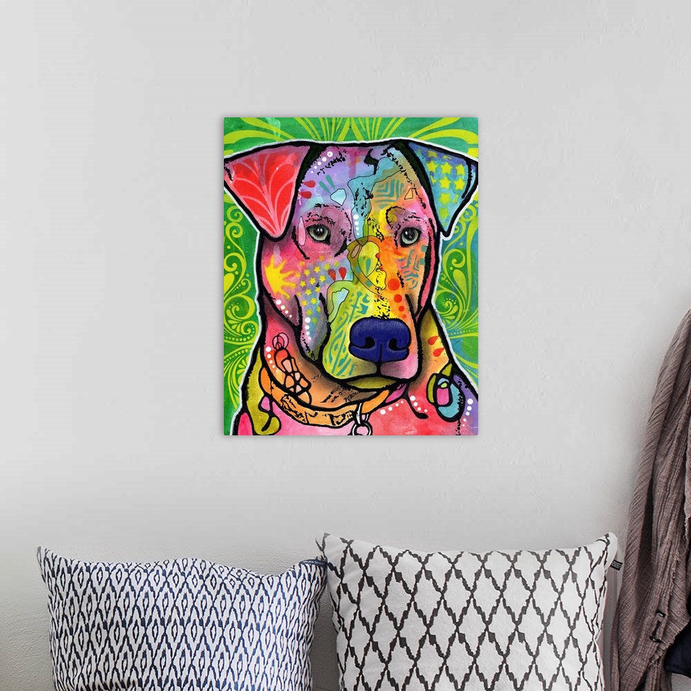 A bohemian room featuring Painting of a colorful dog with abstract markings on a green, yellow, and blue designed background.