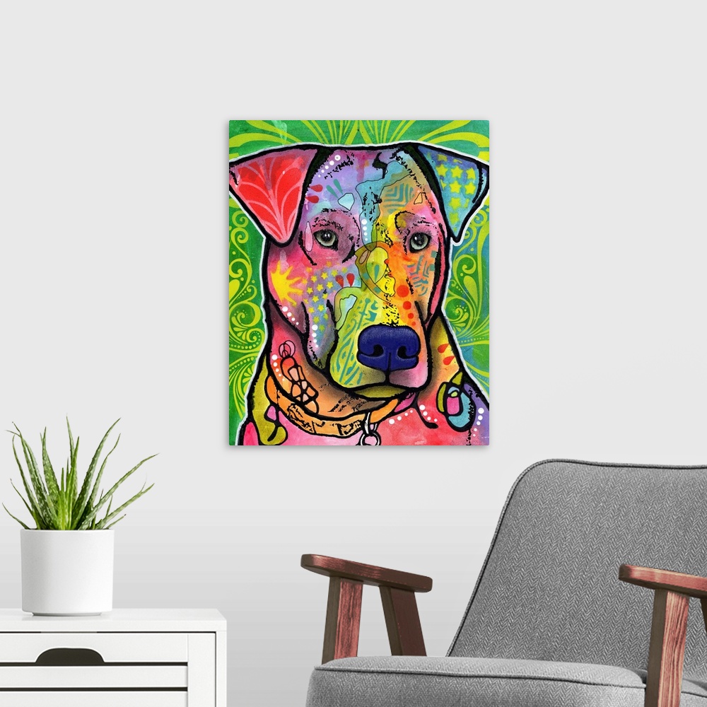 A modern room featuring Painting of a colorful dog with abstract markings on a green, yellow, and blue designed background.