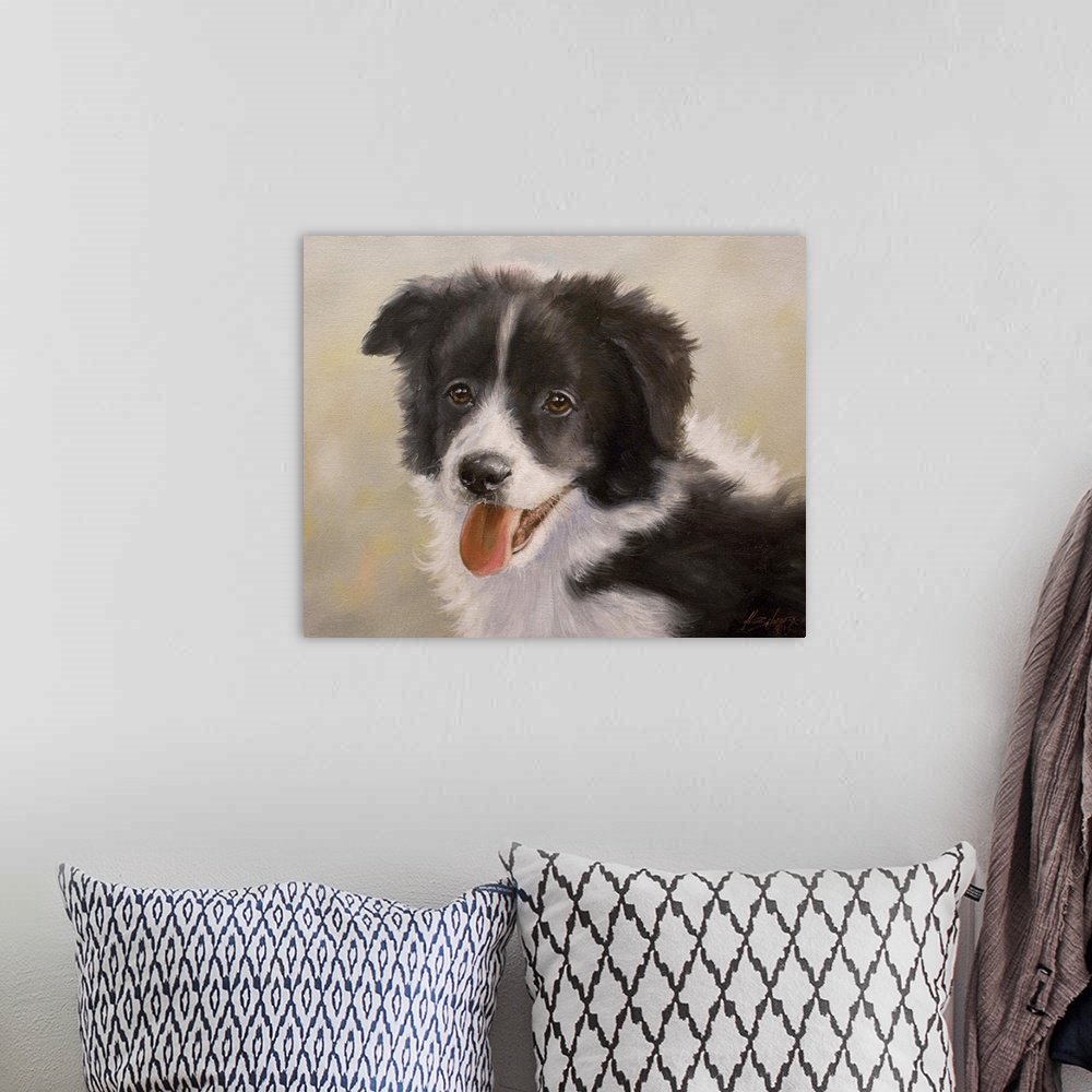 A bohemian room featuring Contemporary painting of a border collie puppy.
