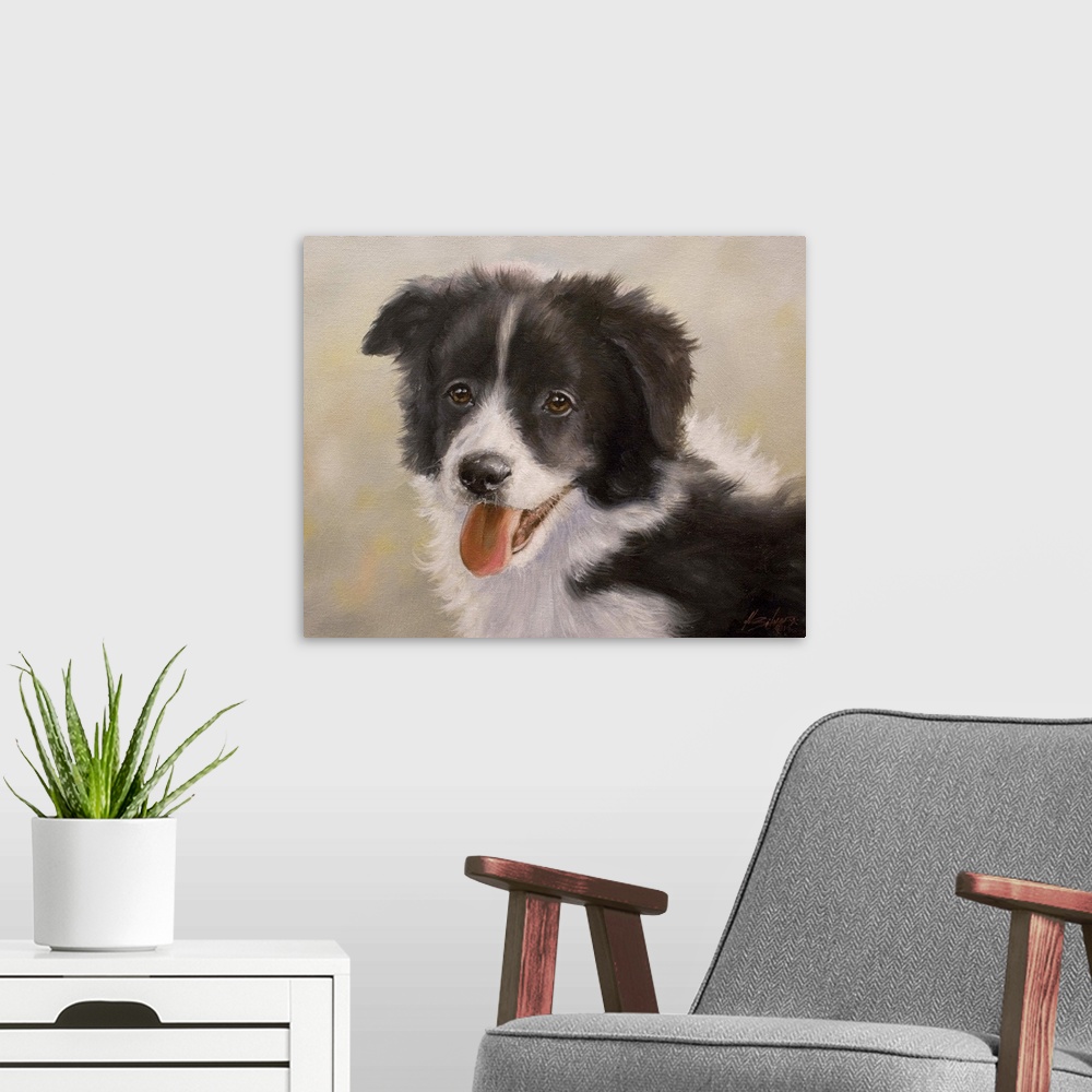 A modern room featuring Contemporary painting of a border collie puppy.