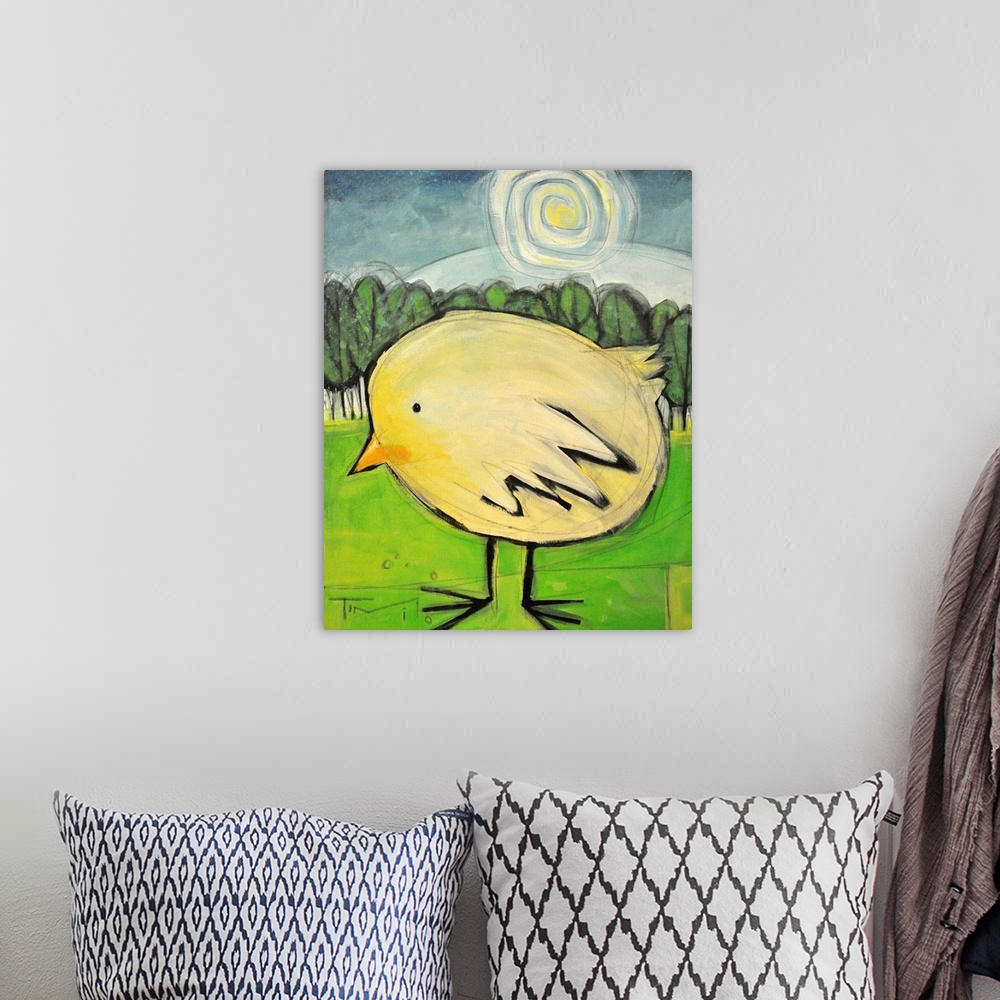 A bohemian room featuring Large painting of a baby bird on canvas with a sun shining and a forest of trees behind him.