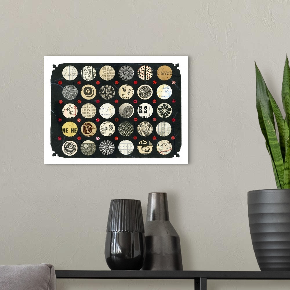 A modern room featuring Mixed media abstract artwork featuring a collection of circular elements.