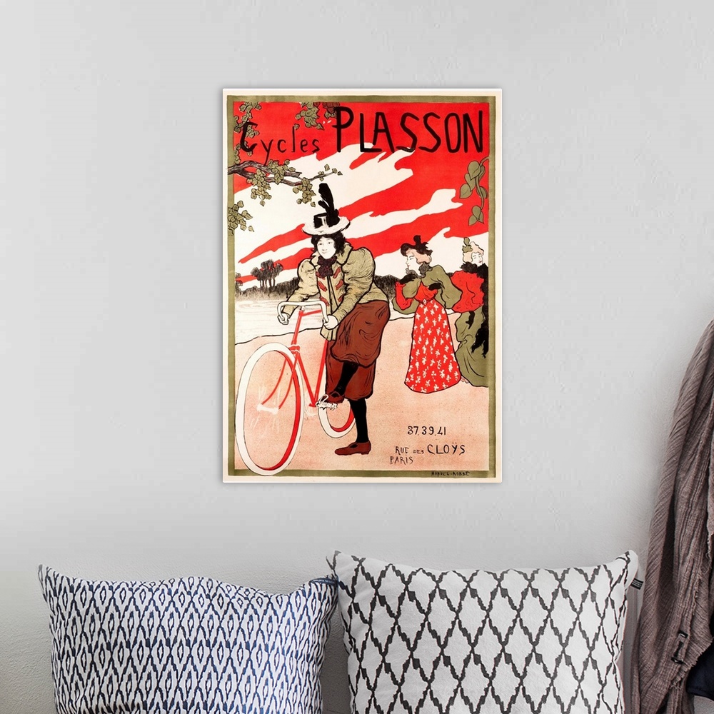 A bohemian room featuring Cycles Plasson - Vintage Bicycle Advertisement