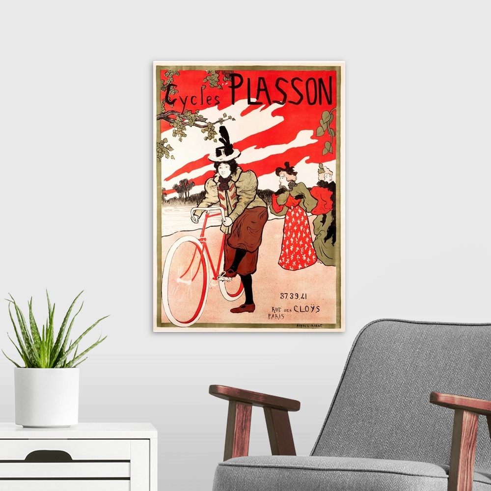 A modern room featuring Cycles Plasson - Vintage Bicycle Advertisement