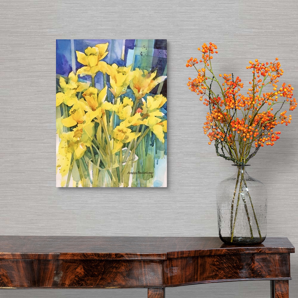 A traditional room featuring Contemporary watercolor painting of flowers.