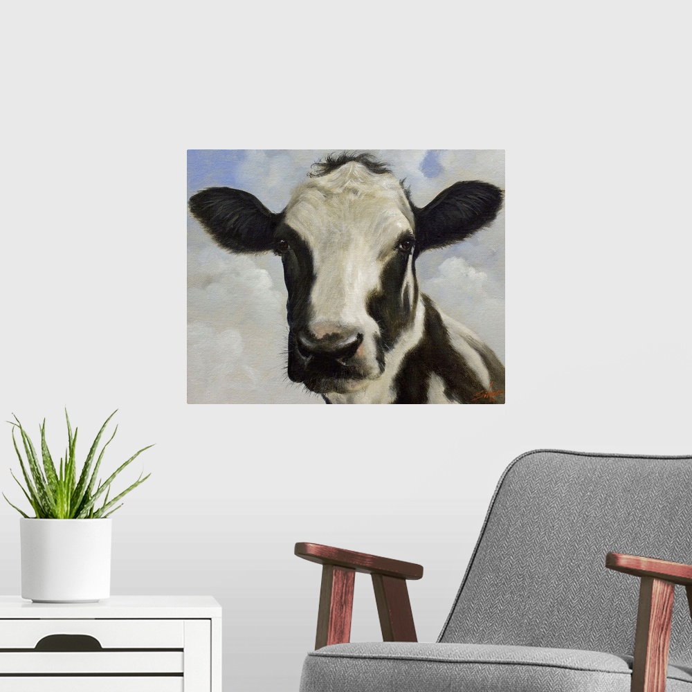 A modern room featuring Contemporary painting of a black and white cow.