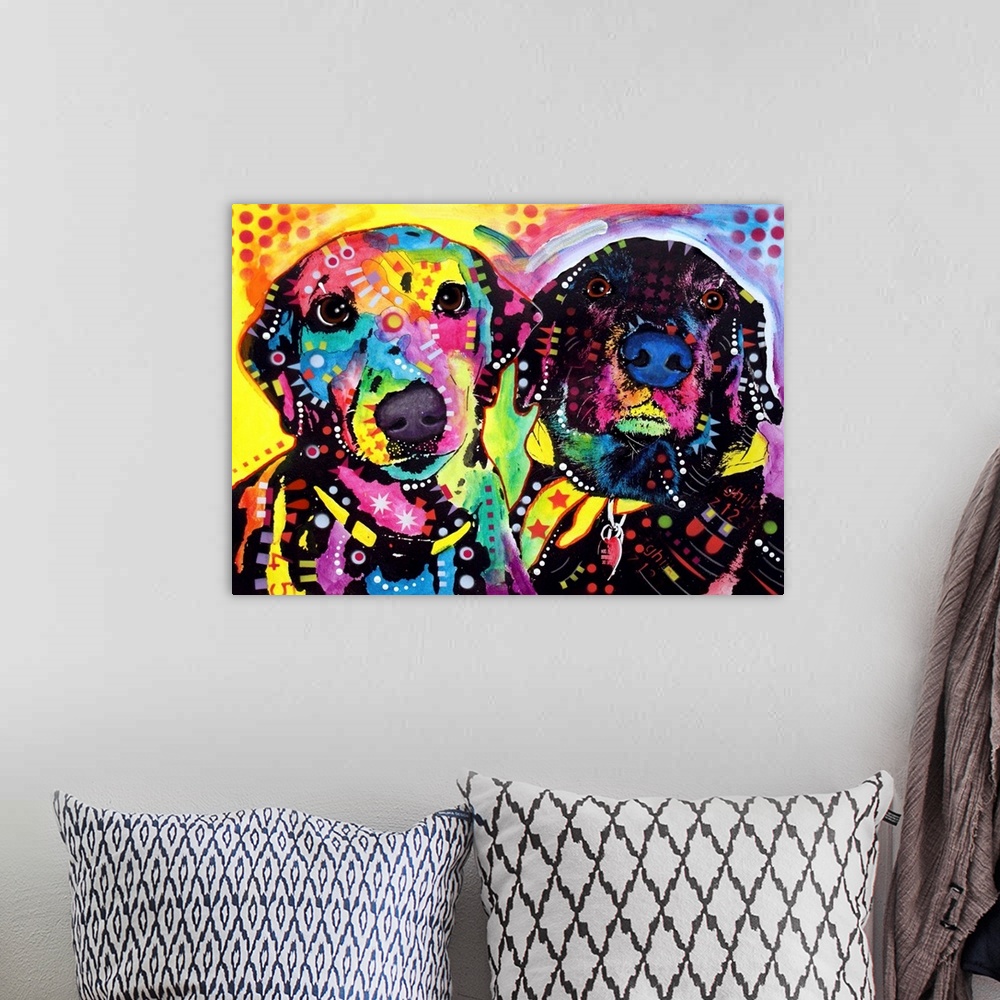 A bohemian room featuring Contemporary stencil painting of two dogs filled with various colors and patterns.