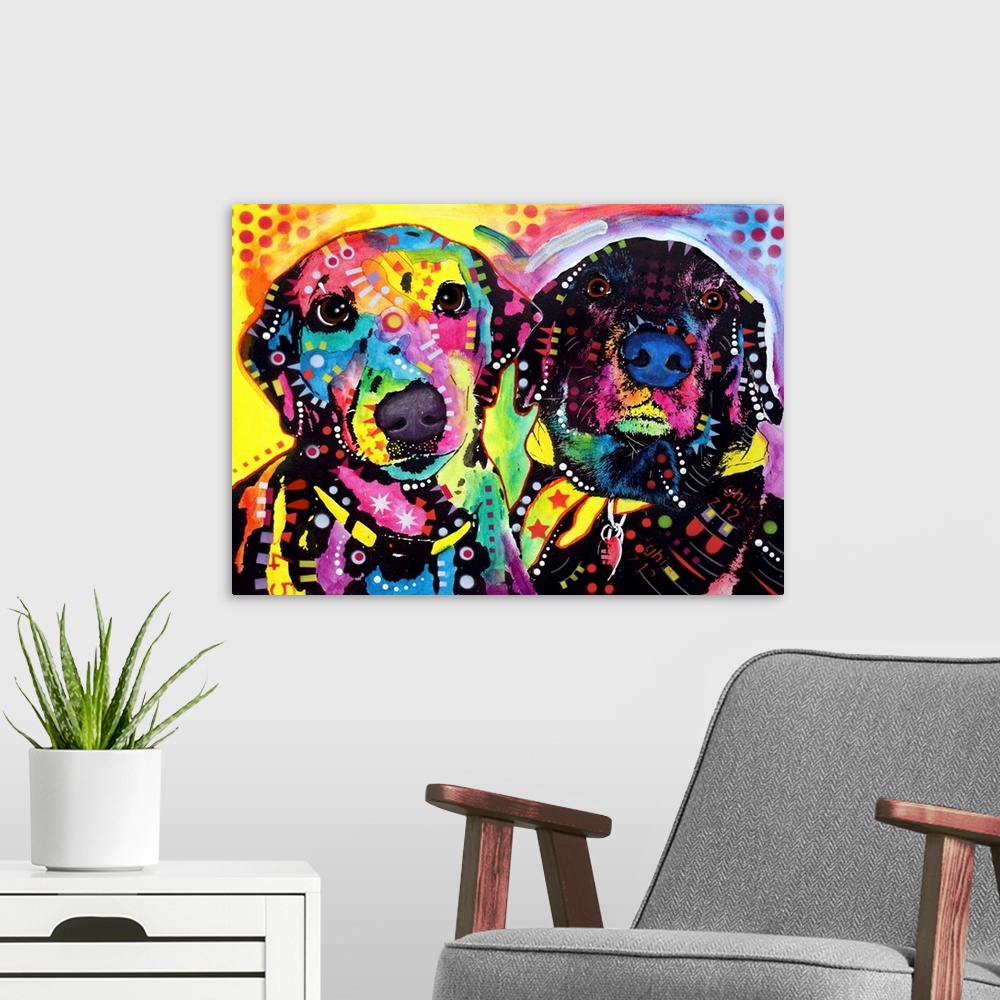 A modern room featuring Contemporary stencil painting of two dogs filled with various colors and patterns.