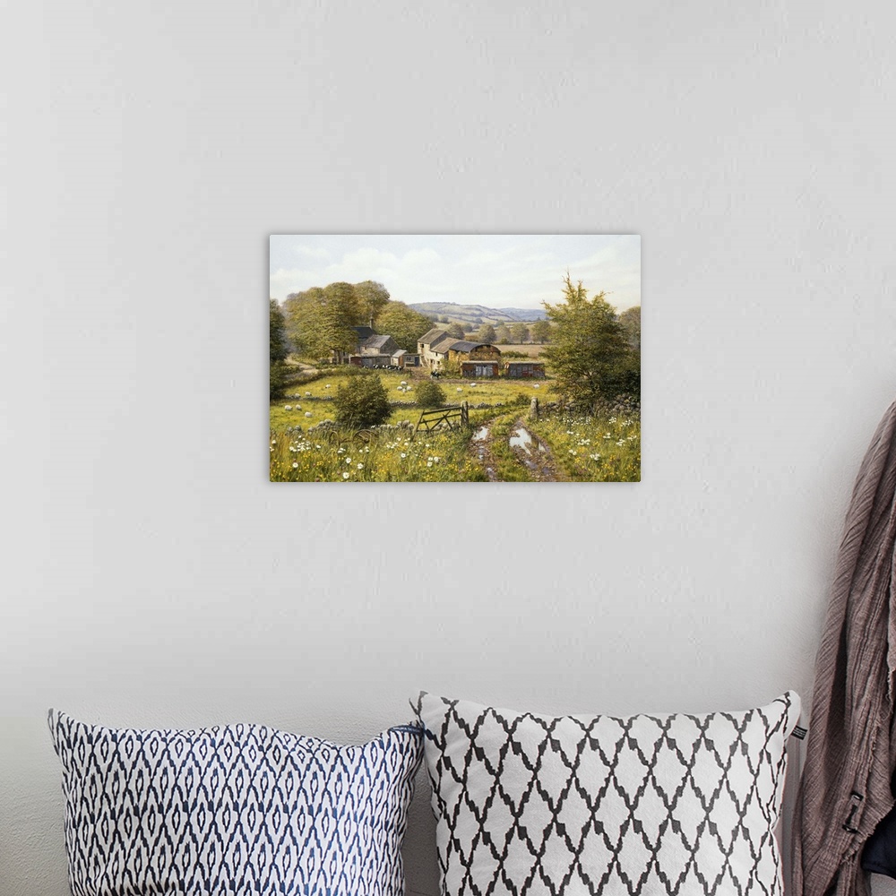 A bohemian room featuring Contemporary painting of a rural countryside landscape.