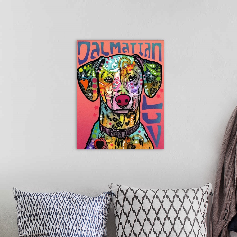A bohemian room featuring "Dalmatian Luv" written around a colorful painting of a Dalmatian with abstract markings.