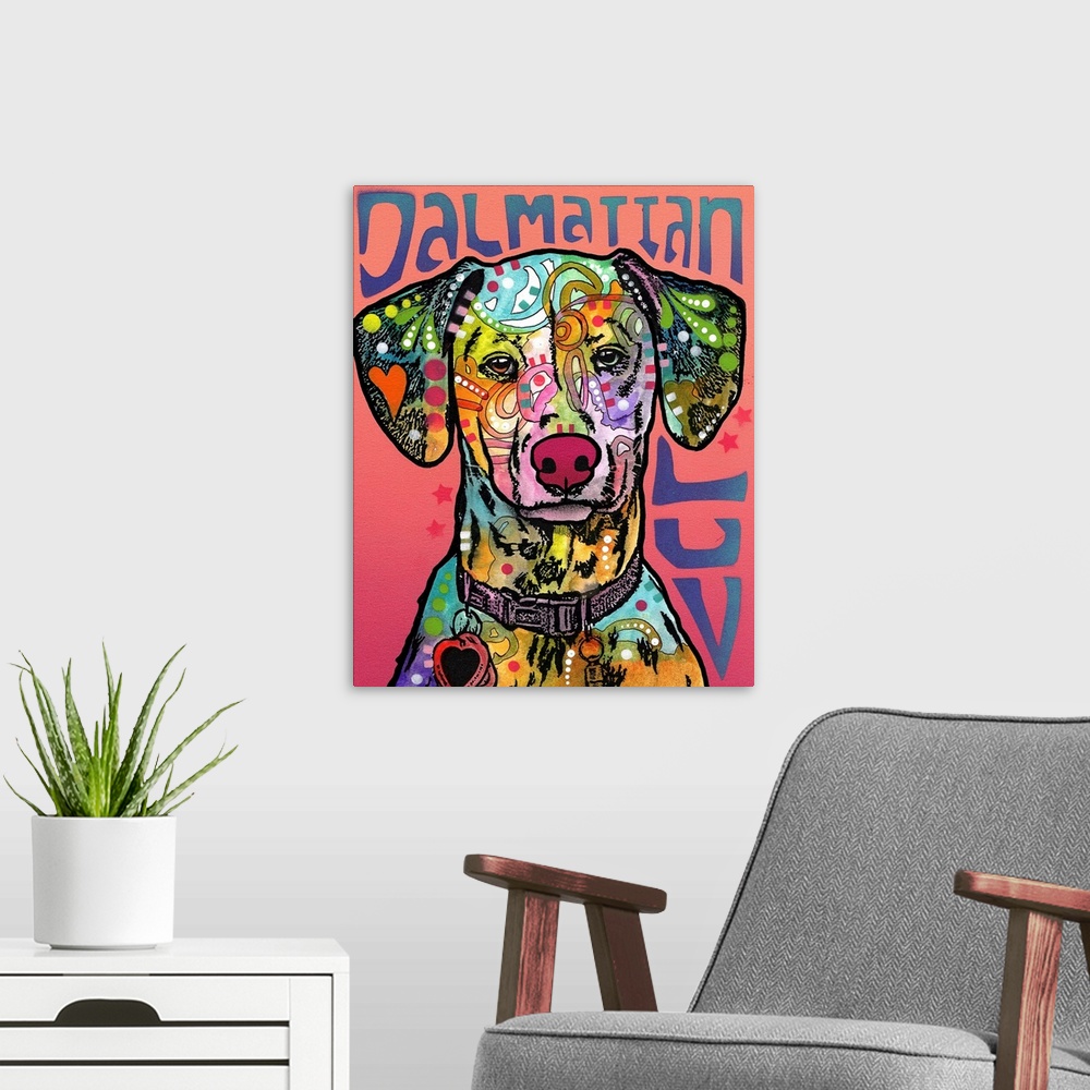 A modern room featuring "Dalmatian Luv" written around a colorful painting of a Dalmatian with abstract markings.