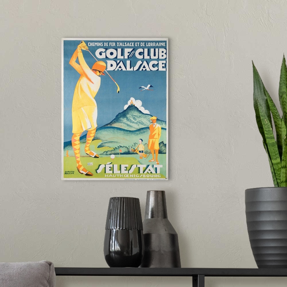 A modern room featuring Vintage advertisement artwork for Golf Club D'Alsace.