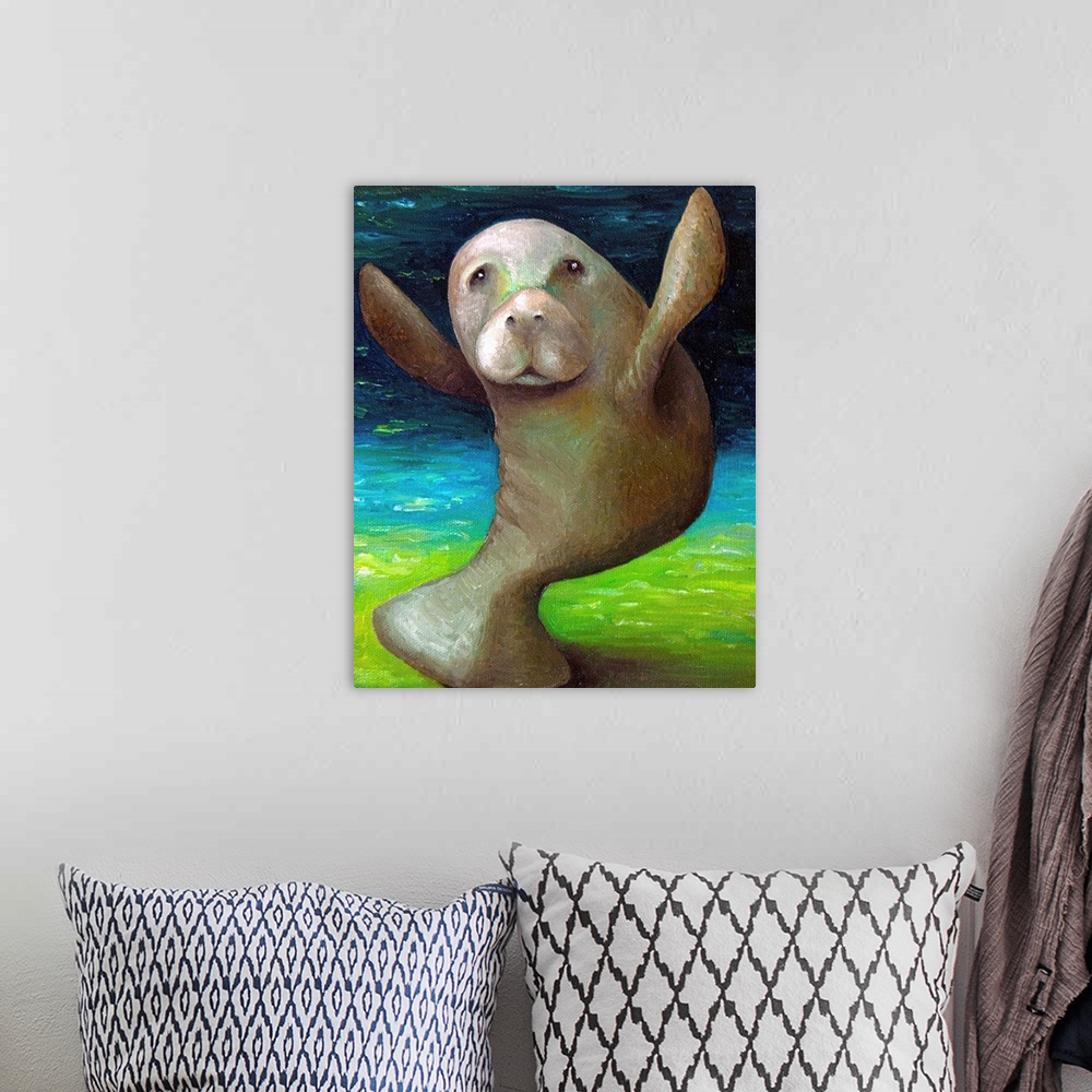 A bohemian room featuring Surrealist painting of a manatee dancing.
