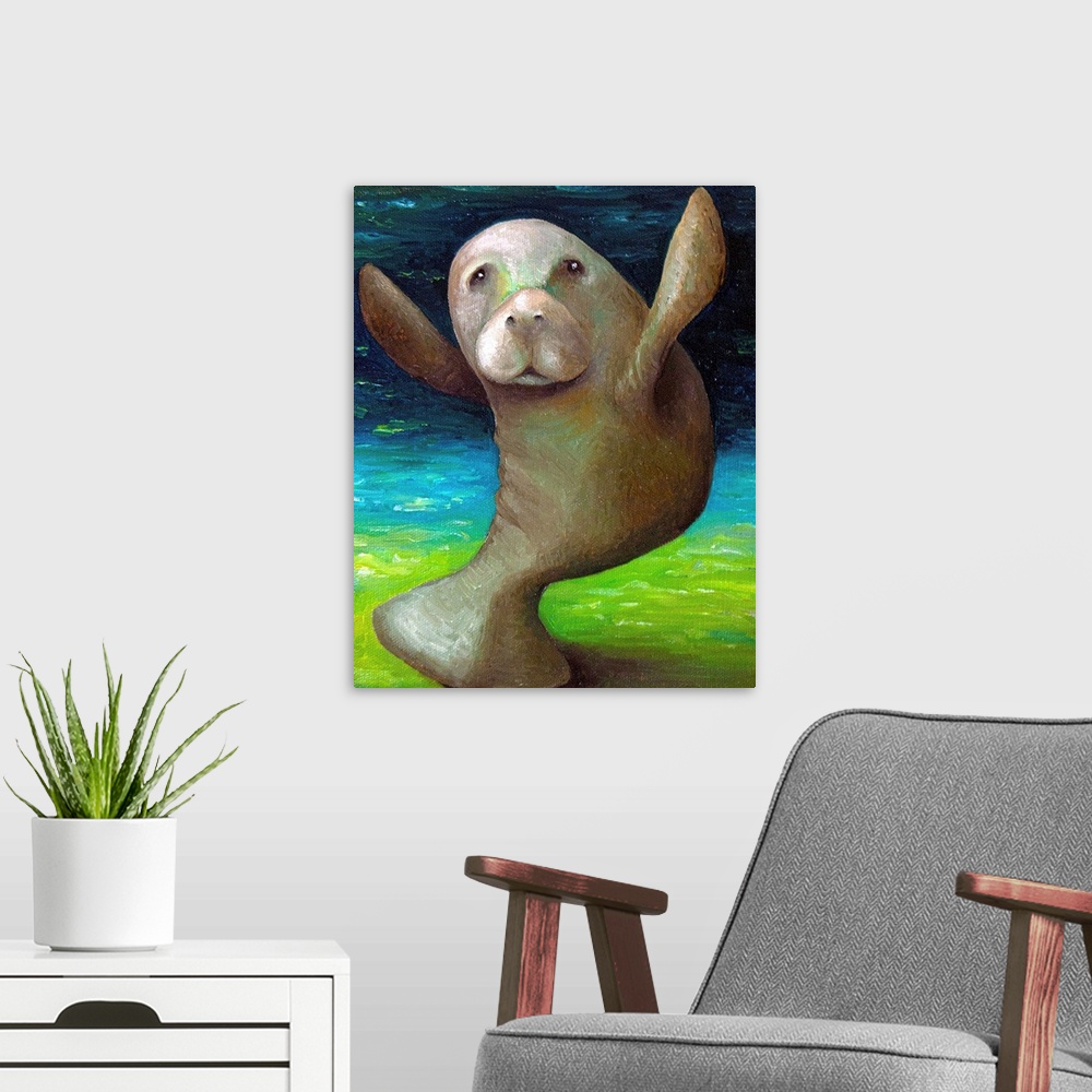 A modern room featuring Surrealist painting of a manatee dancing.