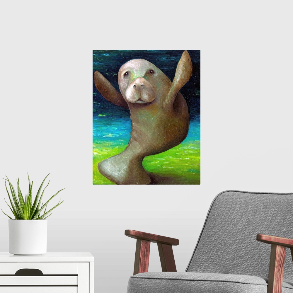 A modern room featuring Surrealist painting of a manatee dancing.