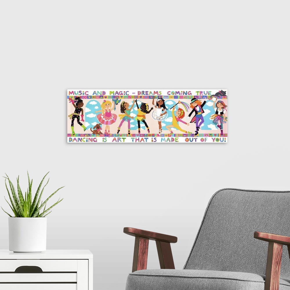 A modern room featuring Illustration of several children of different ethnicities dancing together.