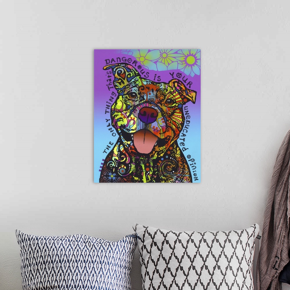 A bohemian room featuring Adorable illustration of a pit bull with intricate, colorful designs all over its fur on a blue a...