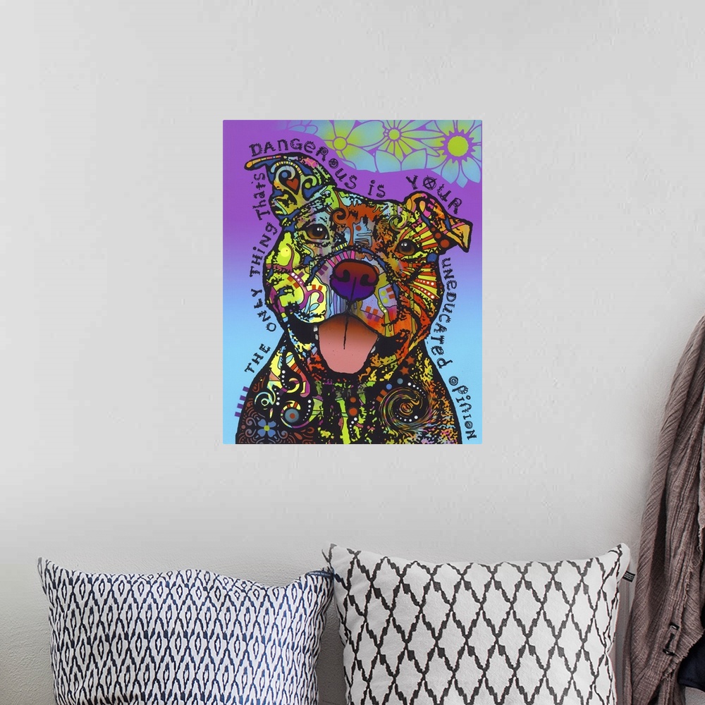 A bohemian room featuring Adorable illustration of a pit bull with intricate, colorful designs all over its fur on a blue a...