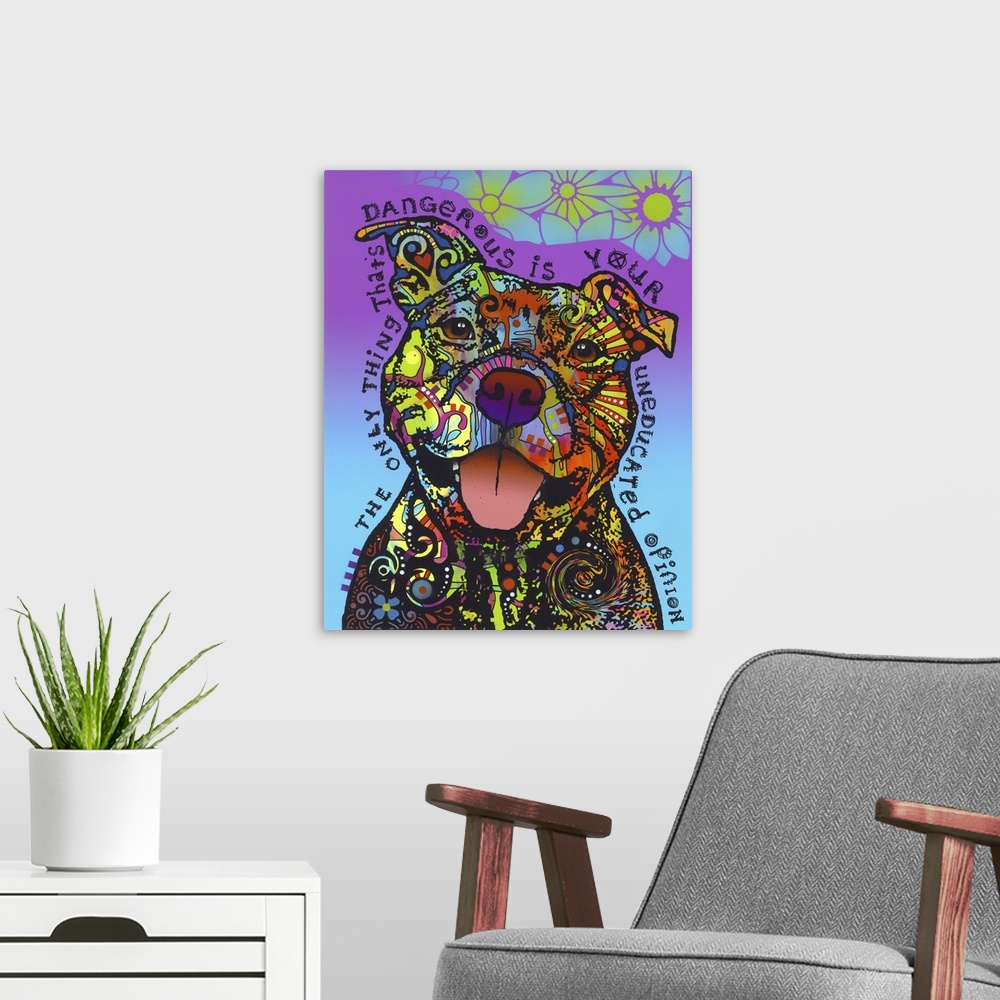 A modern room featuring Adorable illustration of a pit bull with intricate, colorful designs all over its fur on a blue a...