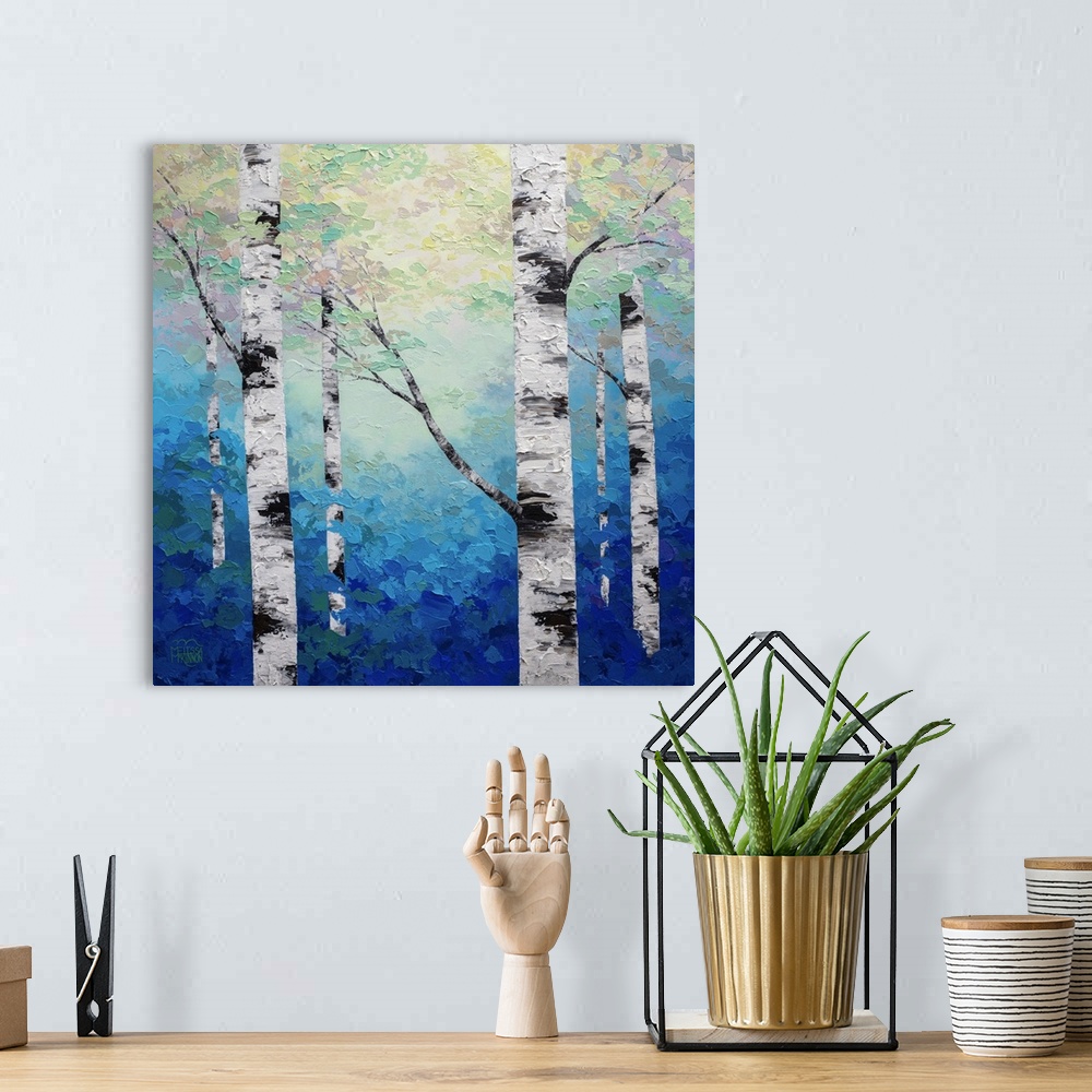 A bohemian room featuring Ethereal blue forest landscape painting of aspen trees and birch trees in sunlight Giclee art pri...