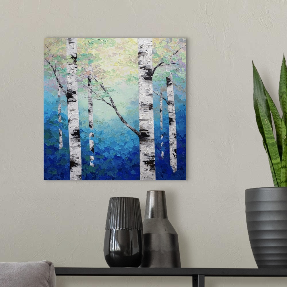 A modern room featuring Ethereal blue forest landscape painting of aspen trees and birch trees in sunlight Giclee art pri...