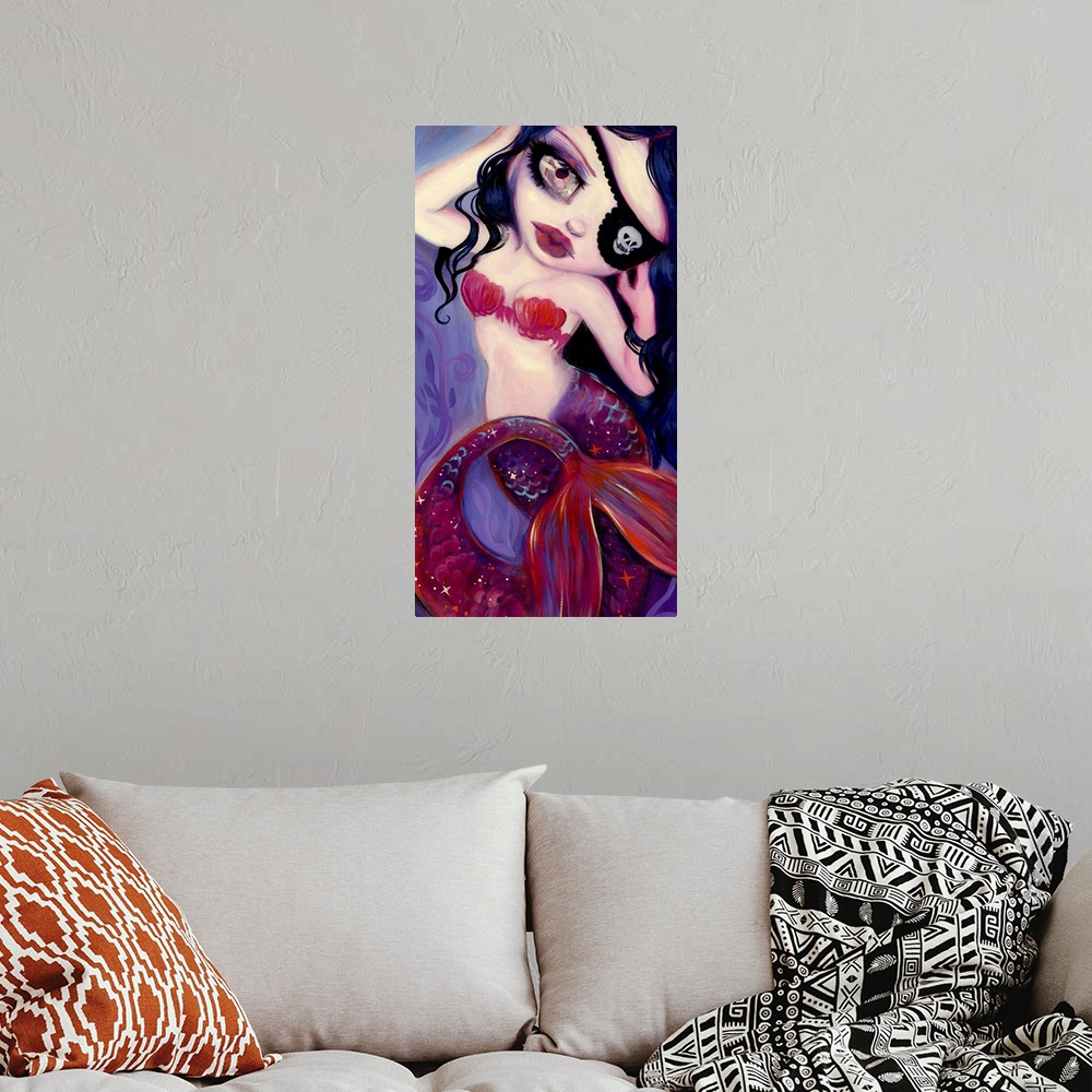 A bohemian room featuring Fantasy painting of a mermaid with a red tail and an eyepatch.