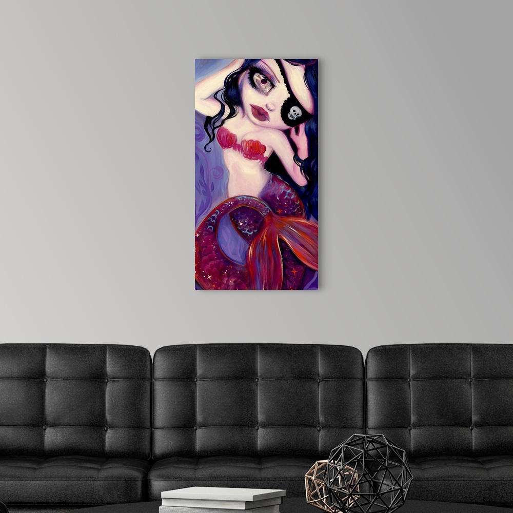 A modern room featuring Fantasy painting of a mermaid with a red tail and an eyepatch.